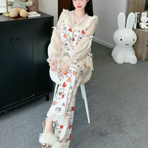đồ bộ quần dài áo tay dài vải latin phối ren nơ