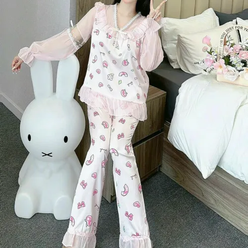 đồ bộ quần dài áo tay dài vải latin phối ren nơ