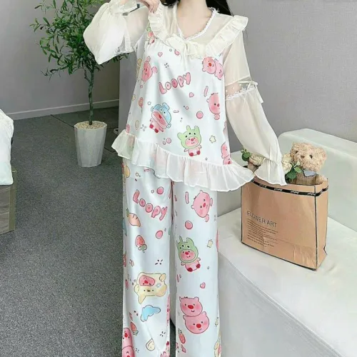 đồ bộ quần dài áo tay dài vải latin phối ren nơ