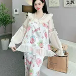đồ bộ quần dài áo tay dài vải latin phối ren nơ