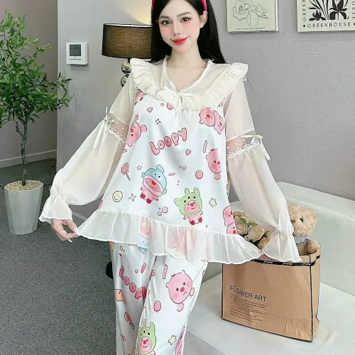 đồ bộ quần dài áo tay dài vải latin phối ren nơ