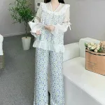 đồ bộ quần dài áo tay dài vải latin phối ren nơ