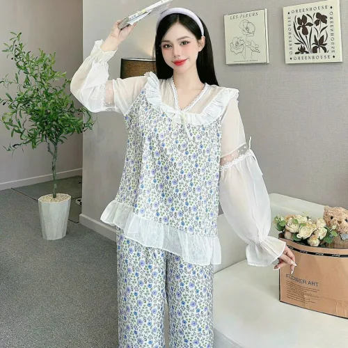 đồ bộ quần dài áo tay dài vải latin phối ren nơ
