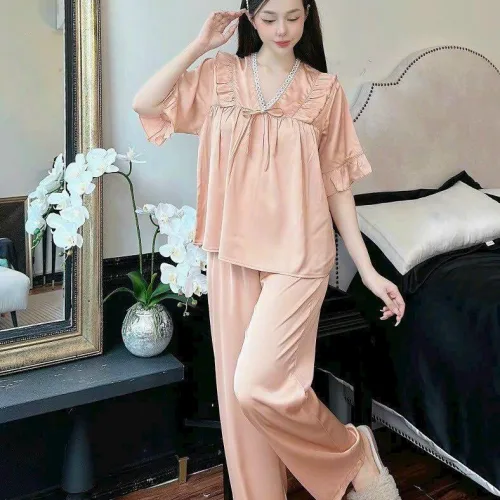 Đồ bộ quần dài áo tay lửng bèo cổ v màu trơn
