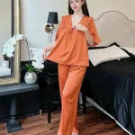 Đồ bộ quần dài áo tay lửng bèo cổ v màu trơn