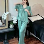 Đồ bộ quần dài áo tay lửng bèo cổ v màu trơn