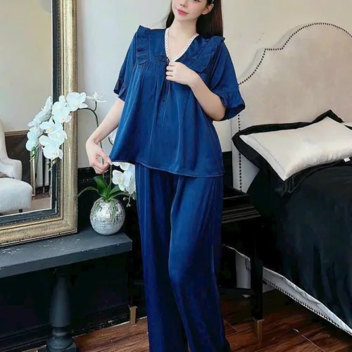 Đồ bộ quần dài áo tay lửng bèo cổ v màu trơn