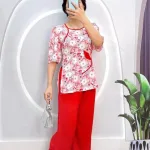 Đồ bộ quần dài áo tay lửng cổ vuông hoạ tiết