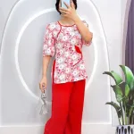 Đồ bộ quần dài áo tay lửng cổ vuông hoạ tiết