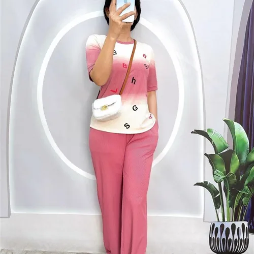 Đồ bộ quần dài áo tay ngắn 2 màu in chữ