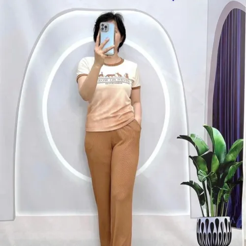 Đồ bộ quần dài áo tay ngắn 2 màu in chữ