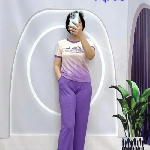 Đồ bộ quần dài áo tay ngắn 2 màu in chữ