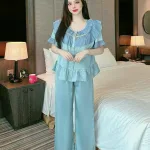 Đồ bộ quần dài áo tay ngắn bèo cổ tròn bèo màu trơn
