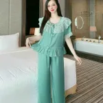 Đồ bộ quần dài áo tay ngắn bèo cổ tròn bèo màu trơn