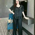 Đồ bộ quần dài áo tay ngắn bèo cổ tròn bèo màu trơn