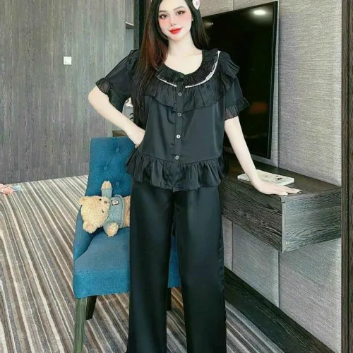 Đồ bộ quần dài áo tay ngắn bèo cổ tròn bèo màu trơn