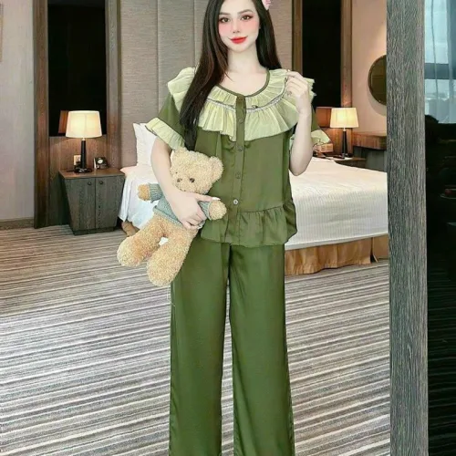 Đồ bộ quần dài áo tay ngắn bèo cổ tròn bèo màu trơn