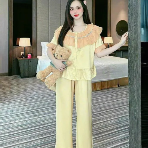 Đồ bộ quần dài áo tay ngắn bèo cổ tròn bèo màu trơn
