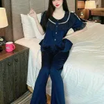 Đồ bộ quần dài áo tay ngắn bèo cổ tròn bèo màu trơn