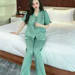 Đồ bộ quần dài áo tay ngắn bèo cổ vuông bèo màu trơn
