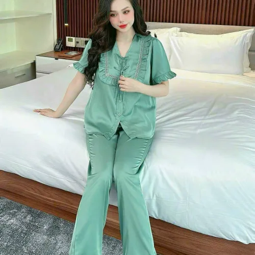 Đồ bộ quần dài áo tay ngắn bèo cổ vuông bèo màu trơn