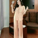 Đồ bộ quần dài áo tay ngắn bèo cổ vuông bèo màu trơn