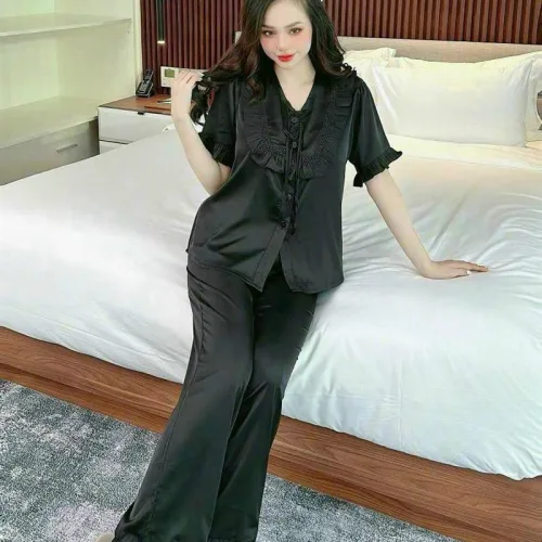 Đồ bộ quần dài áo tay ngắn bèo cổ vuông bèo màu trơn