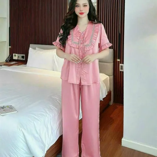 Đồ bộ quần dài áo tay ngắn bèo cổ vuông bèo màu trơn