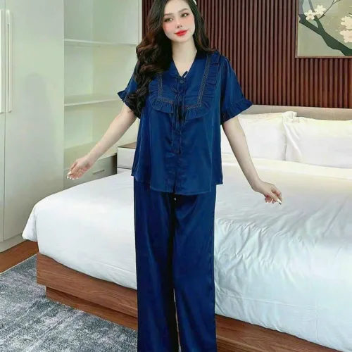 Đồ bộ quần dài áo tay ngắn bèo cổ vuông bèo màu trơn