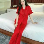 Đồ bộ quần dài áo tay ngắn bèo cổ vuông bèo màu trơn