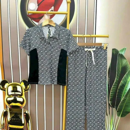 Đồ bộ quần dài áo tay ngắn cổ bẻ hoạ tiết