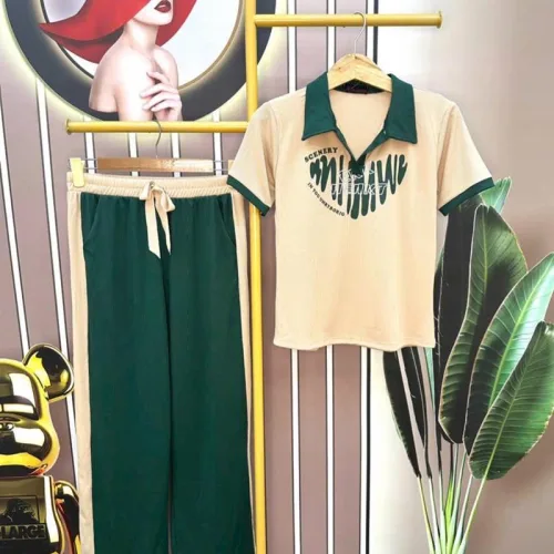 Đồ bộ quần dài áo tay ngắn cổ bẻ in chữ