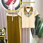 Đồ bộ quần dài áo tay ngắn cổ bẻ in chữ
