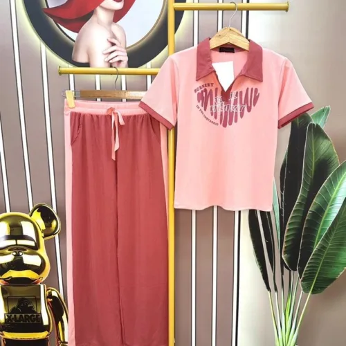 Đồ bộ quần dài áo tay ngắn cổ bẻ in hình