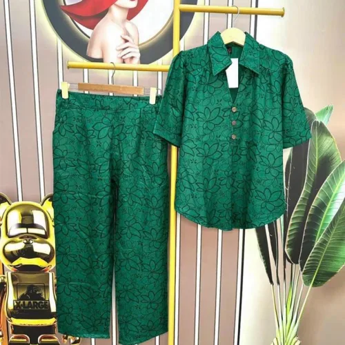 Đồ bộ quần dài áo tay ngắn cổ bẻ màu trơn