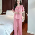 Đồ bộ quần dài áo tay ngắn cổ phối ren màu trơn