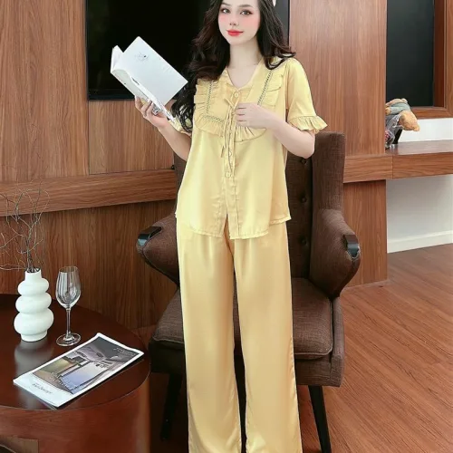 Đồ bộ quần dài áo tay ngắn cổ phối ren màu trơn
