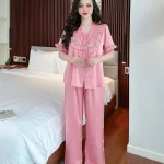 Đồ bộ quần dài áo tay ngắn cổ phối ren màu trơn
