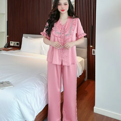 Đồ bộ quần dài áo tay ngắn cổ phối ren màu trơn