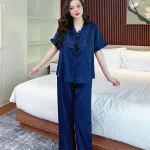Đồ bộ quần dài áo tay ngắn cổ phối ren màu trơn