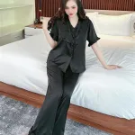 Đồ bộ quần dài áo tay ngắn cổ phối ren màu trơn
