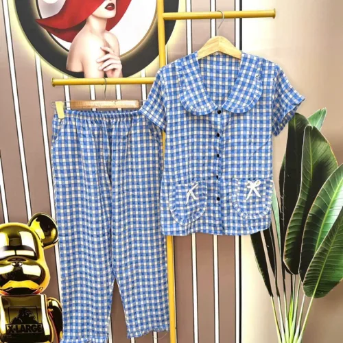Đồ bộ quần dài áo tay ngắn cổ sen caro