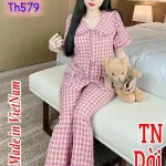 Đồ bộ quần dài áo tay ngắn cổ sen caro