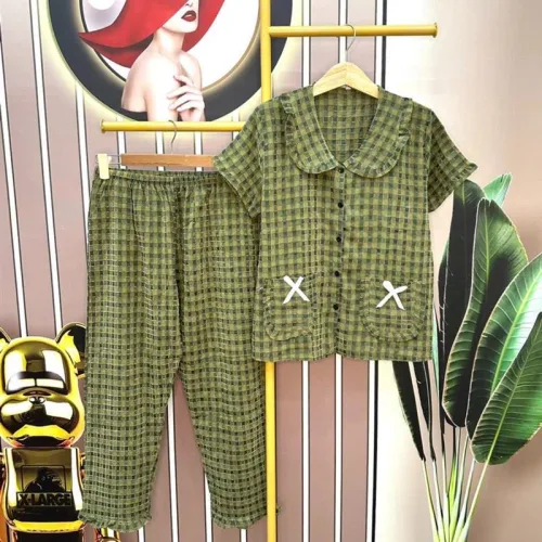 Đồ bộ quần dài áo tay ngắn cổ sen caro
