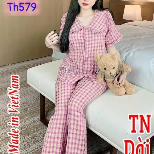 Đồ bộ quần dài áo tay ngắn cổ sen caro