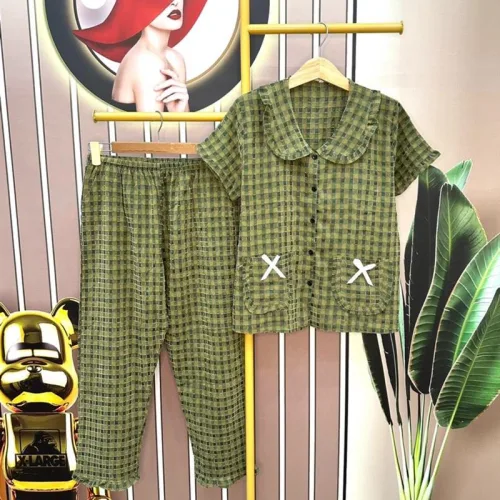 Đồ bộ quần dài áo tay ngắn cổ sen caro