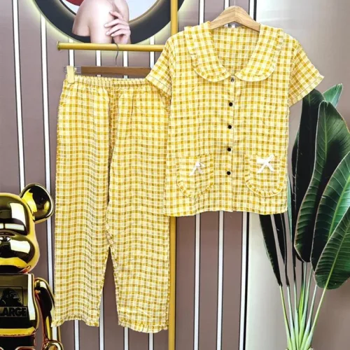 Đồ bộ quần dài áo tay ngắn cổ sen caro