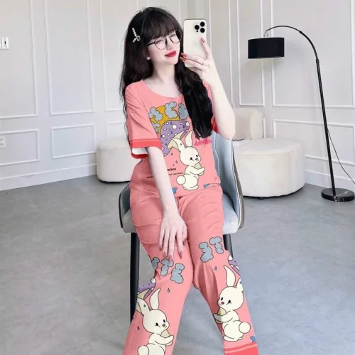 Đồ bộ quần dài áo tay ngắn cổ tròn hoạ tiết
