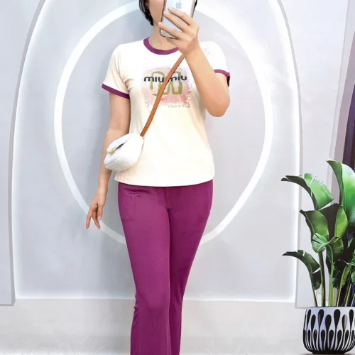 Đồ bộ quần dài áo tay ngắn cổ tròn in hình