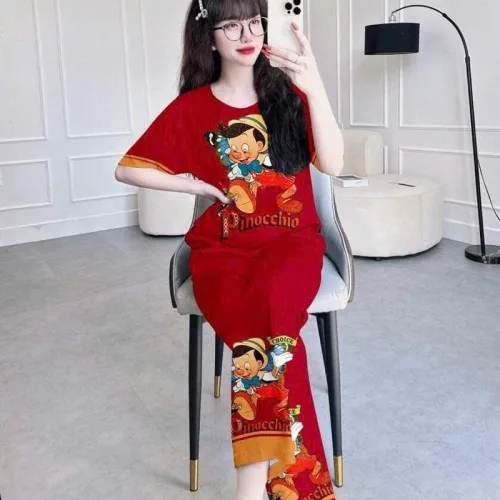 Đồ bộ quần dài áo tay ngắn cổ tròn in hình